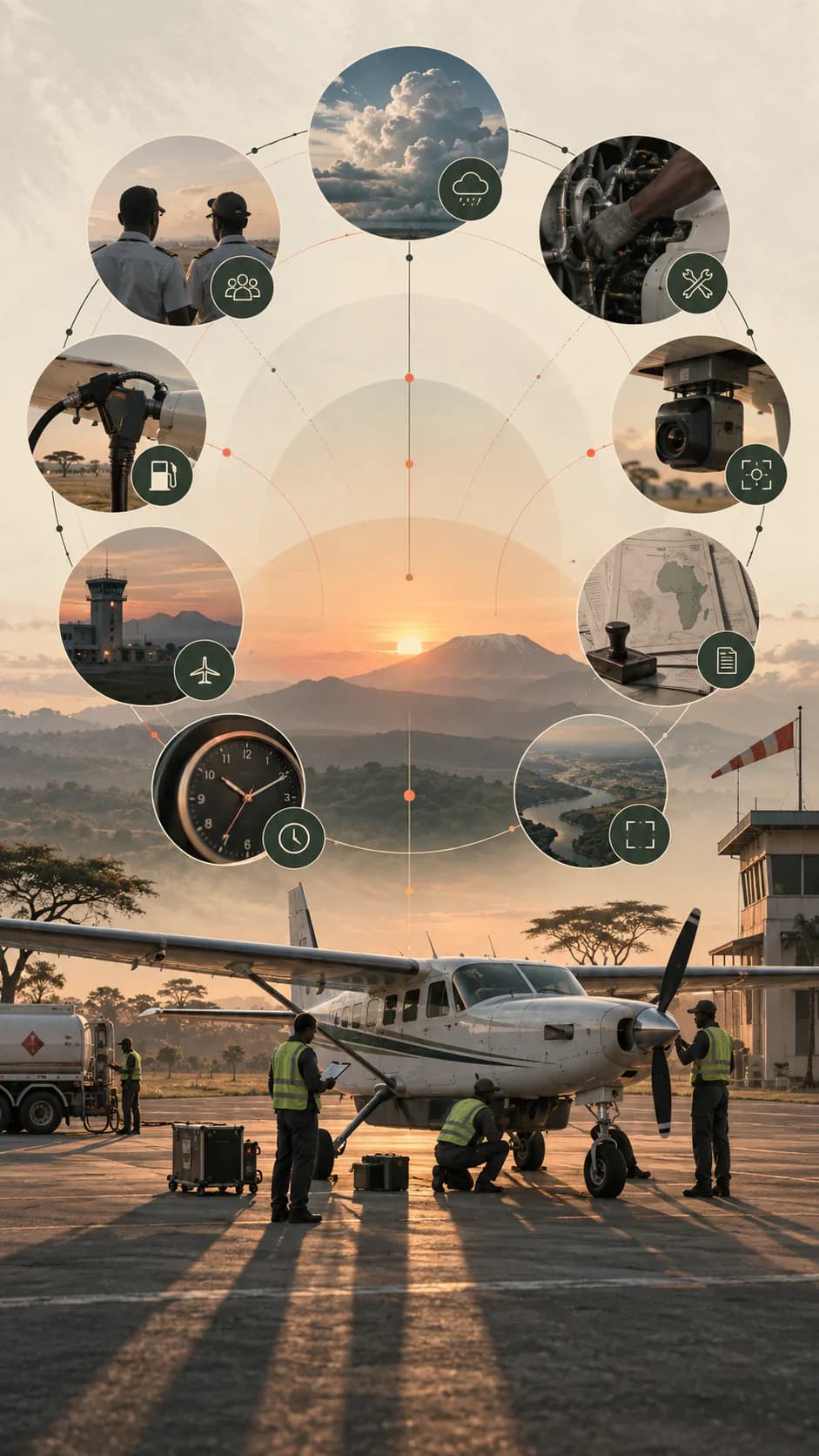 Survey aircraft on an airfield at dawn, surrounded by vignettes for crew, weather, maintenance, fuel, survey equipment, permits, timing and operating conditions.
